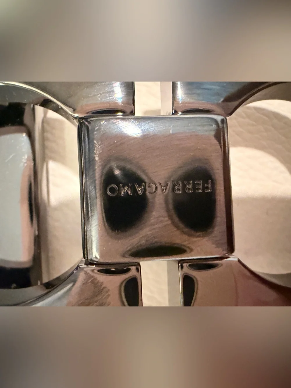 Ferragamo Logo Buckle in Shiny Gunmetal